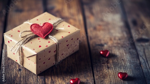 A beautifully wrapped gift decorated with a heart sits on a rustic wooden table, surrounded by tiny hearts, perfect for a special occasion like Christmas.