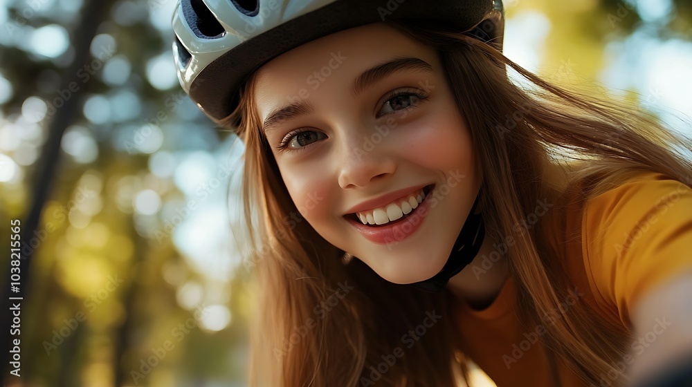 Happy girl in helmet smiling at the camera while riding a scooter. Happy girl in helmet smiling at the camera while riding a scooter.