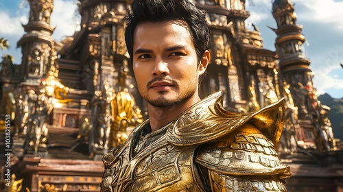 Asian male gods or Thai male gods in gold robes with an ancient castle in the background, glowing in gold, representing immortality and power, similar to a superhero.