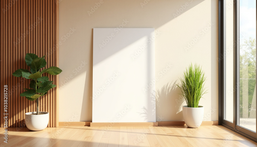 Blank canvas with green plants in minimalist room setting Blank canvas with green plants in minimalist room setting