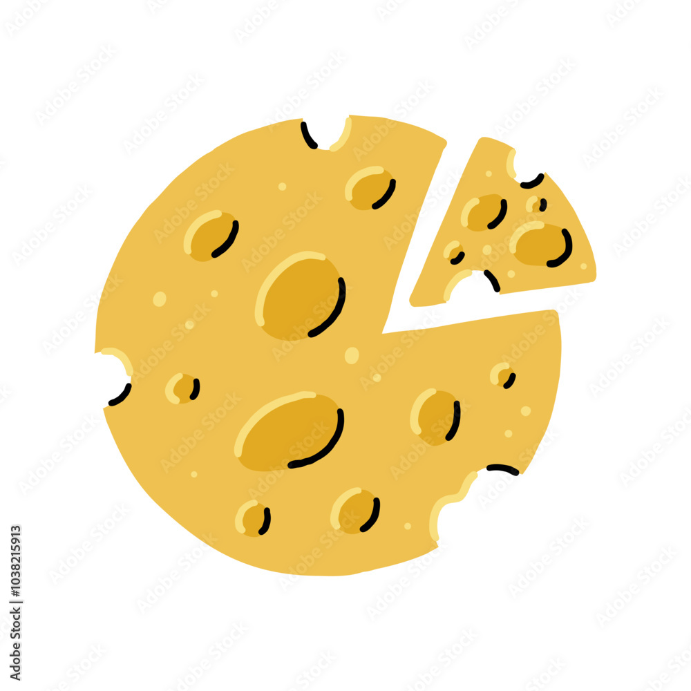 Round Cheese with slice triangle cheez part. Cheesy Food Vector Illustration in Hand Drawn Style on White Isolated Background Round Cheese with slice triangle cheez part. Cheesy Food Vector Illustration in Hand Drawn Style on White Isolated Background