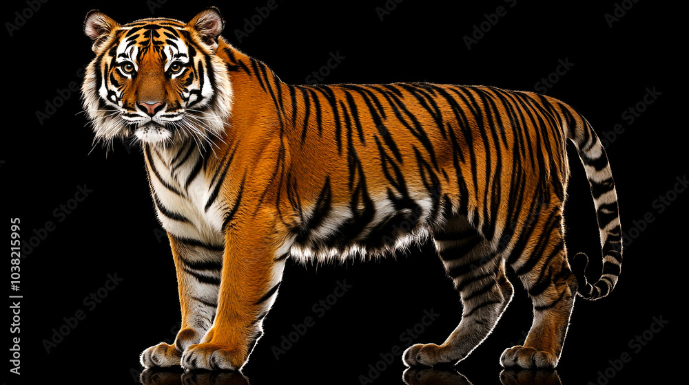 Fototapeta premium A majestic tiger stands on a black background.