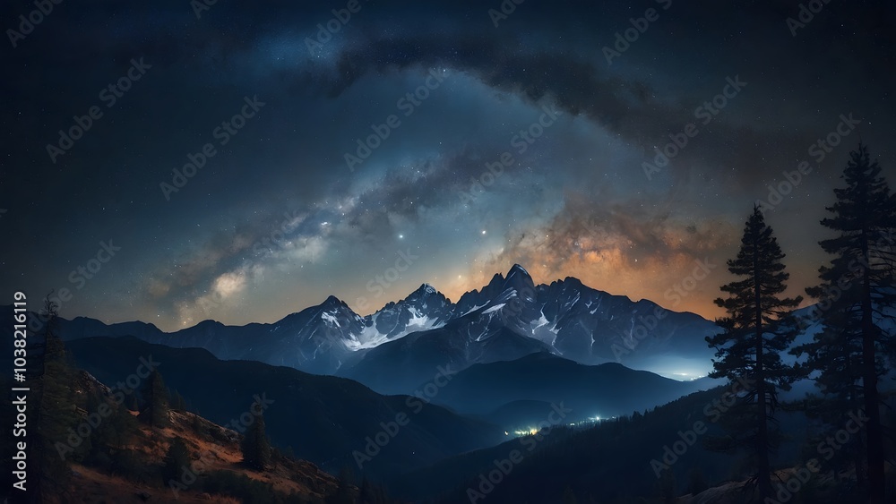 Starlit Mountain Landscape With Dramatic Clouds and Silhouette of Trees at Night in a Serene Wilderness Starlit Mountain Landscape With Dramatic Clouds and Silhouette of Trees at Night in a Serene Wilderness