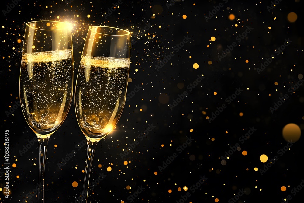 A toast to celebration and joy! Two champagne glasses clink together, filled with bubbly golden champagne, symbolizing moments of happiness and festivity. A toast to celebration and joy! Two champagne glasses clink together, filled with bubbly golden champagne, symbolizing moments of happiness and festivity.