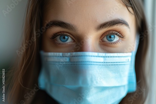 A close-up portrait of a beautiful young woman wearing a blue surgical mask, captured indoors during the day with natural light