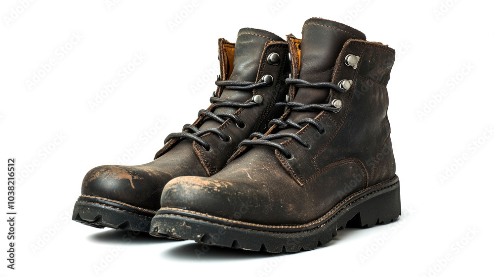 A pair of brown leather boots with laces. A pair of brown leather boots with laces.
