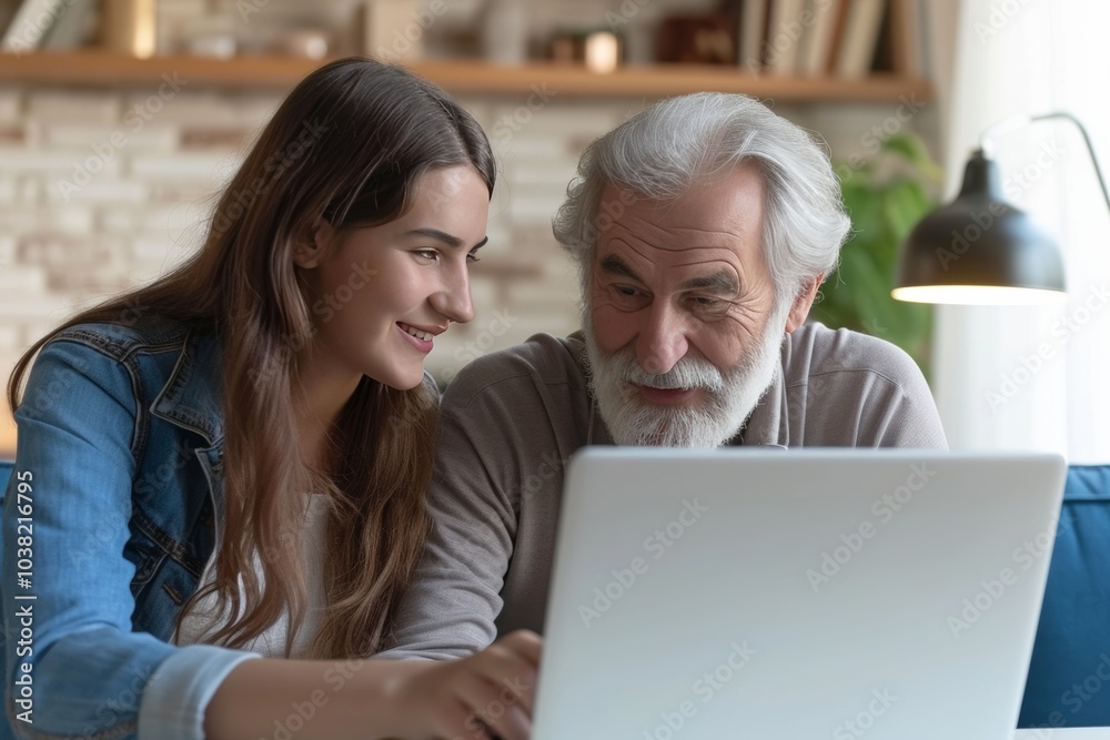 A grown-up daughter helps her elderly father choose goods online while enjoying quality time together at home A grown-up daughter helps her elderly father choose goods online while enjoying quality time together at home