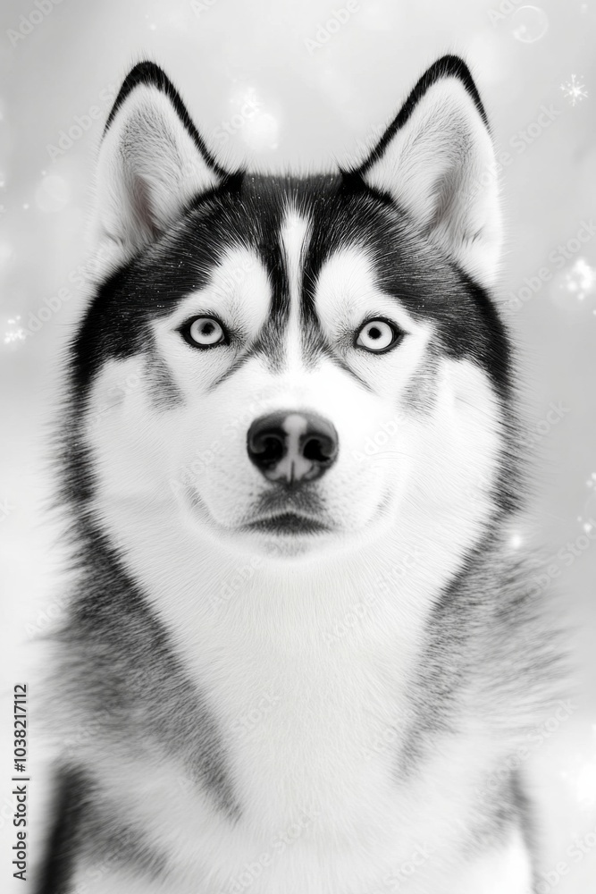 Stunning portrait of a black and white husky standing proudly against a snowy background with friendly expression Stunning portrait of a black and white husky standing proudly against a snowy background with friendly expression