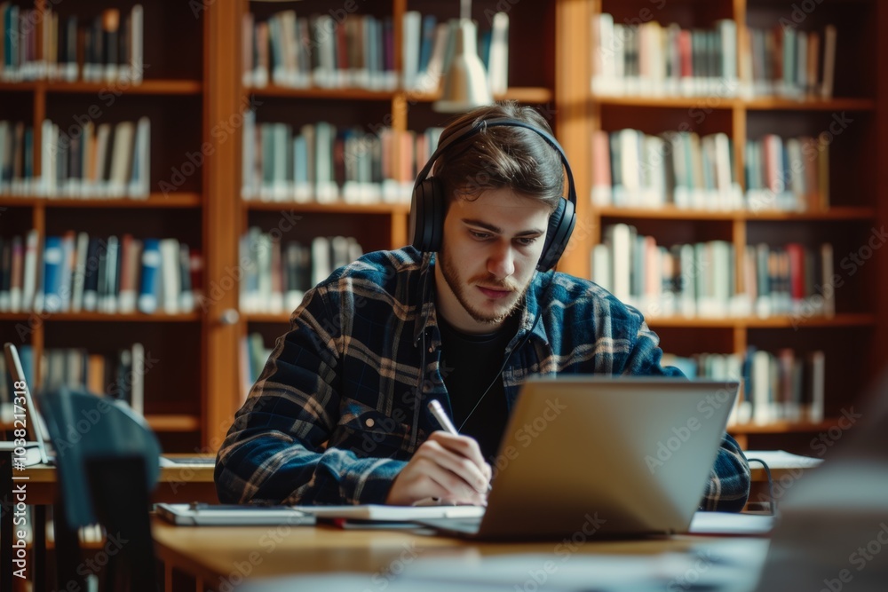 Handsome student writing an essay on a laptop in a library during early evening hours Handsome student writing an essay on a laptop in a library during early evening hours