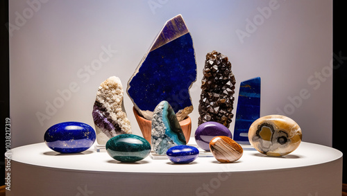 Mineral Art An Artistic Arrangement of Polished Stones like Lapis Lazuli, Jasper, and Tourmaline Forming an Abstract Sculpture, Showcasing Their Unique Colors and Textures Under Soft photo