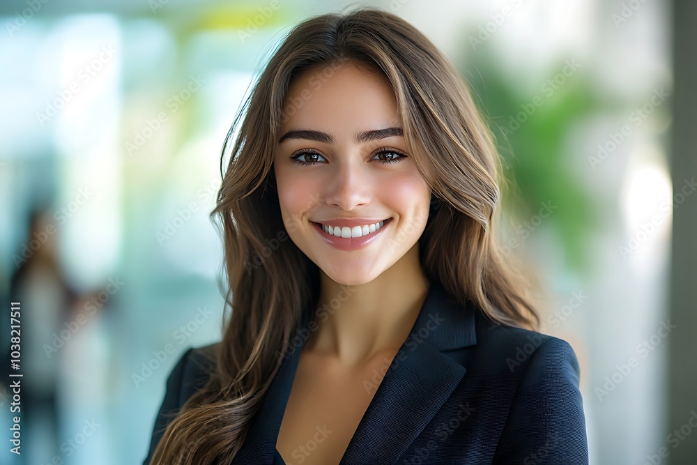 Confident Businesswoman with Long Brown Hair Smiling in Office Confident Businesswoman with Long Brown Hair Smiling in Office
