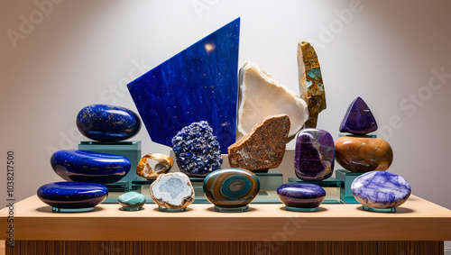 Mineral Art An Artistic Arrangement of Polished Stones like Lapis Lazuli, Jasper, and Tourmaline Forming an Abstract Sculpture, Showcasing Their Unique Colors and Textures Under Soft photo