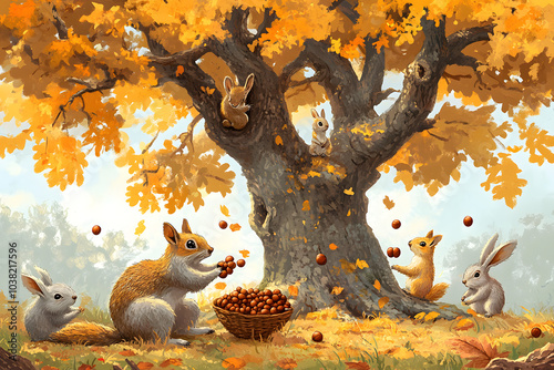 A whimsical illustration of woodland creatures like squirrels, hedgehogs, and rabbits gathering acorns under a large oak tree photo