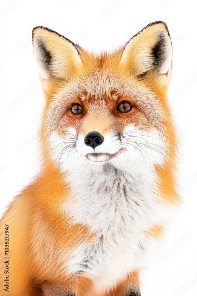 A vibrant red fox with orange fur sitting alert on its haunches against a white background in winter A vibrant red fox with orange fur sitting alert on its haunches against a white background in winter