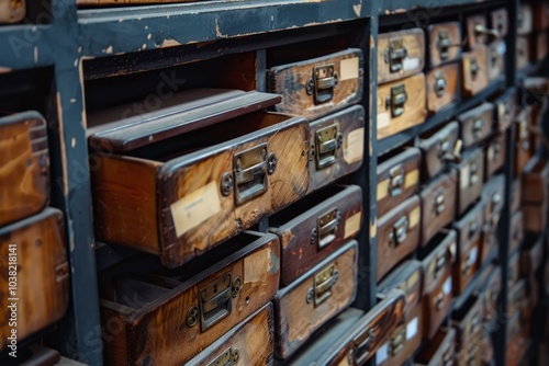 Many small wooden drawers with old metal handles are built into this vintage cabinet, some open revealing their interiors