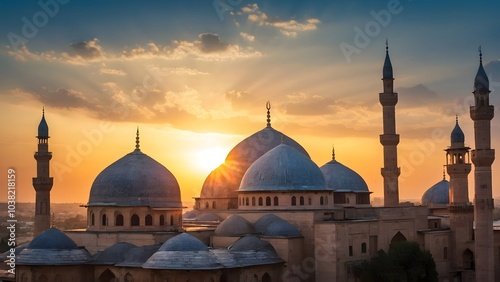 Wallpaper Mural Sunset Over a Historic Mosque\'s Domes and Minarets, Showcasing the Beauty of Architecture and Nature Torontodigital.ca