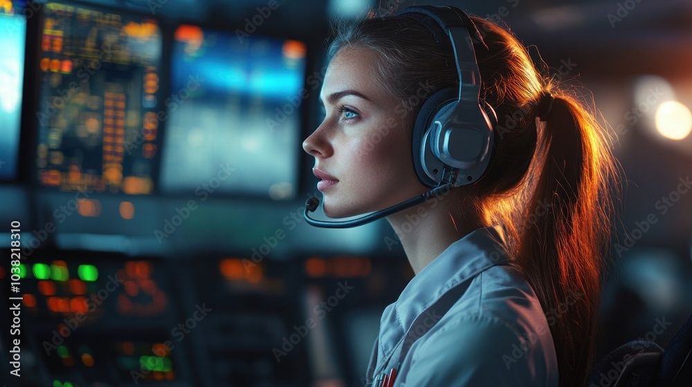Airport communication system Managed by a female air traffic controller. Facilitates smooth communication between pilots. ground staff This system is critical to safe airport operations. Airport communication system Managed by a female air traffic controller. Facilitates smooth communication between pilots. ground staff This system is critical to safe airport operations.