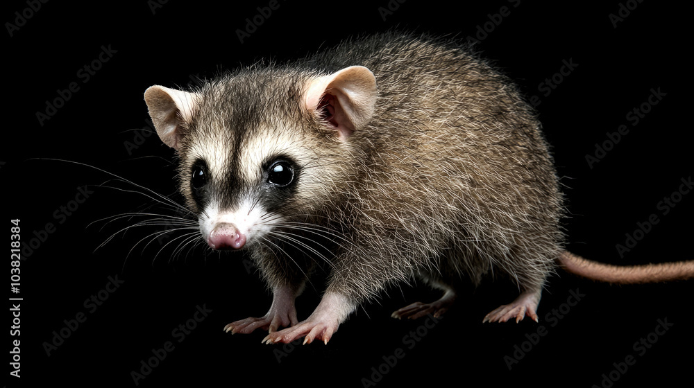 A small, brown opossum with white markings on its face and a long, thin tail stands on a black background. A small, brown opossum with white markings on its face and a long, thin tail stands on a black background.