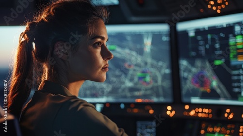 Air Traffic Management Female, coordinating flight operations from the control room, using advanced radar and communication tools to guide aircraft safely in and out of the airport photo