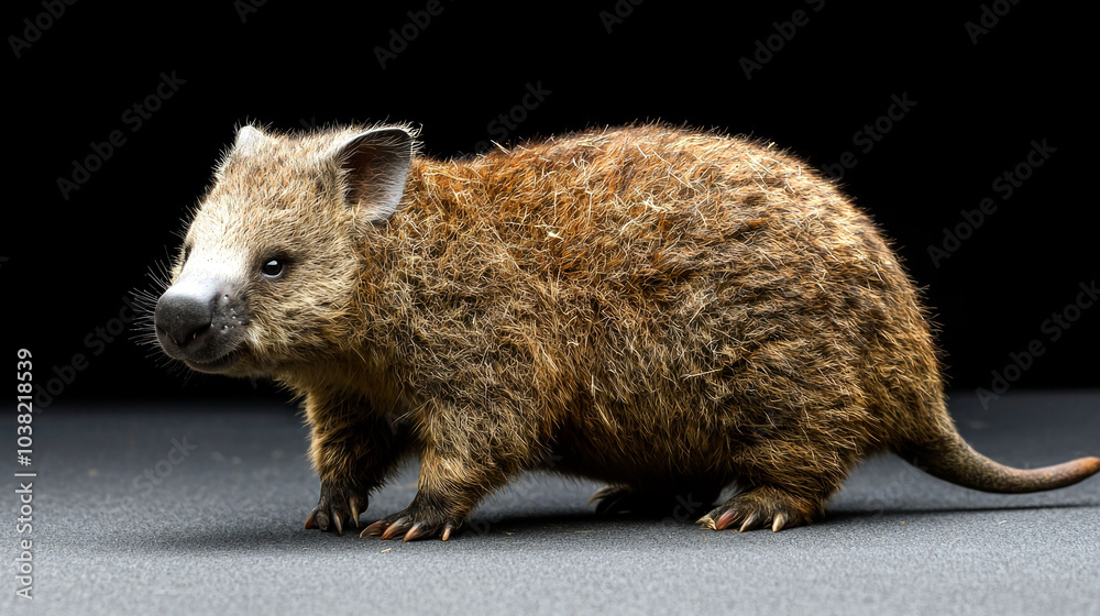 Obraz premium A small, brown, furry wombat with a short tail standing on a black surface.