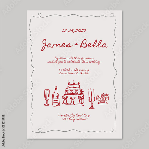 Hand drawn whimsical minimalist wedding invitation 