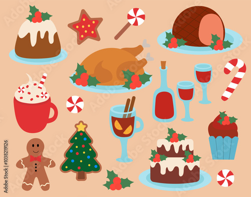 Set of Christmas Food elements. Winter holidays Dishes. Vector flat illustration.