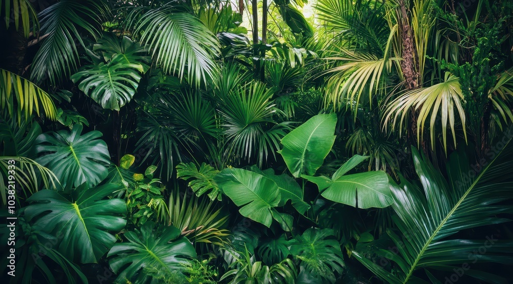A dense jungle filled with lush greenery, palm trees, and other tropical plants creates an enchanting atmosphere in the rainforest. A dense jungle filled with lush greenery, palm trees, and other tropical plants creates an enchanting atmosphere in the rainforest.