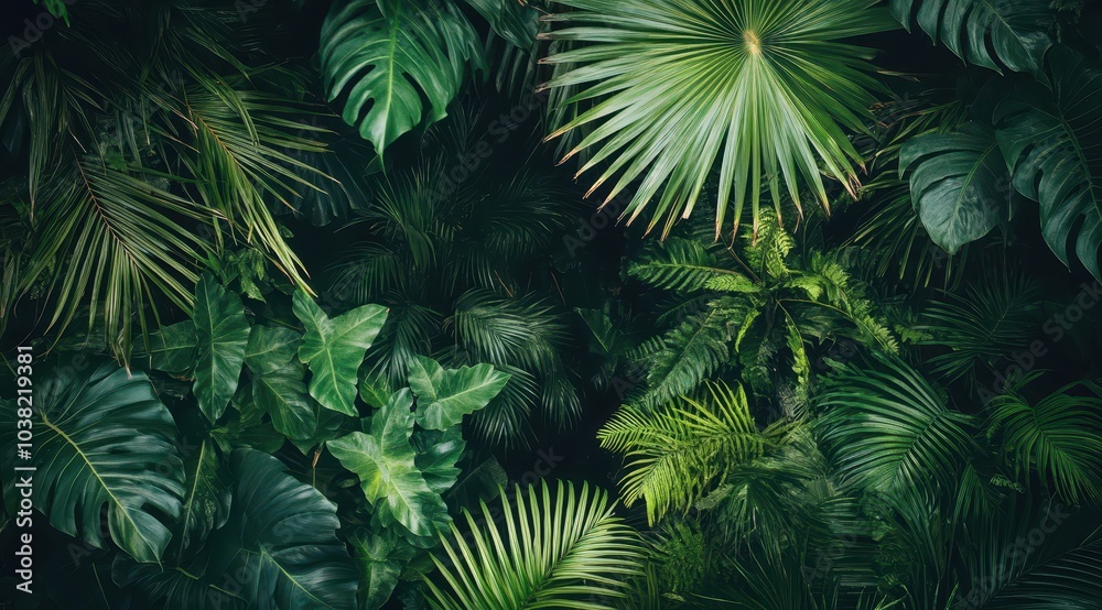 Fototapeta premium A dense jungle filled with lush greenery, palm trees, and other tropical plants creates an enchanting atmosphere in the rainforest.