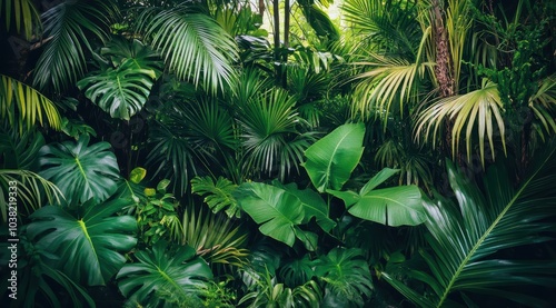 A dense jungle filled with lush greenery, palm trees, and other tropical plants creates an enchanting atmosphere in the rainforest.