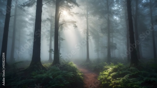 Misty Morning Light Filtering Through Tall Trees in a Serene Forest Trail Surrounded by Ferns and Fog