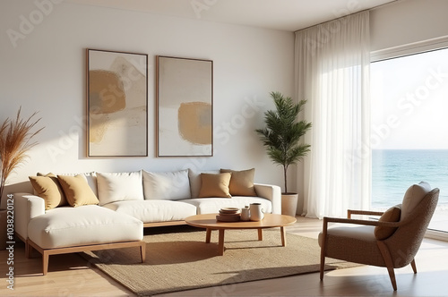 Coastal Living Room with Neutral Decor and Ocean View