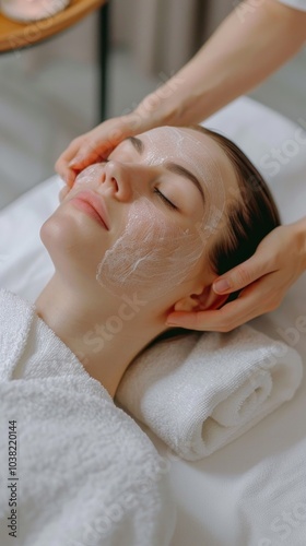 A young woman relaxes on a spa bed getting a facial treatment with a white mask. Hands massage her face, creating a peaceful environment.