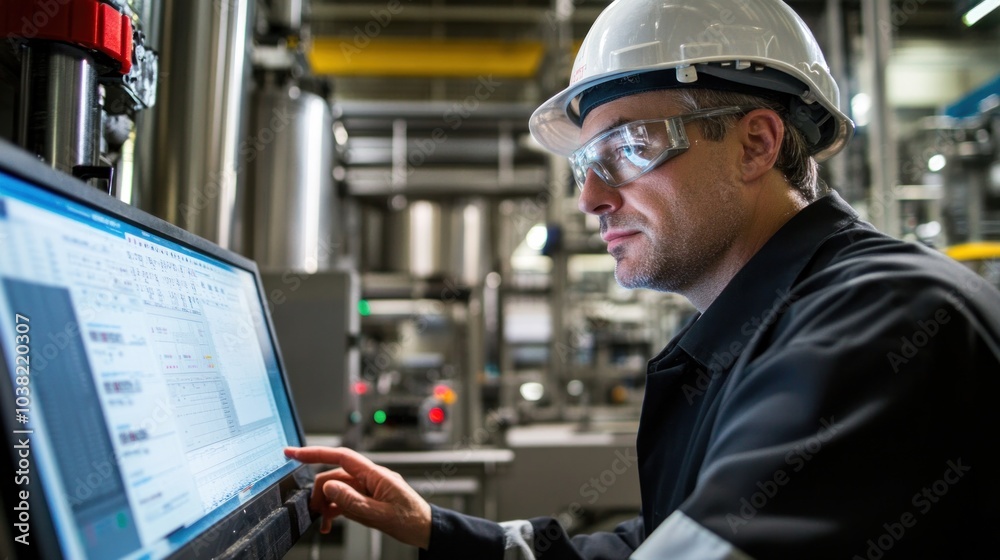 Factory manager using technology, integrating modern tools and software to improve production line performance, manage staff, and monitor output in the factory Factory manager using technology, integrating modern tools and software to improve production line performance, manage staff, and monitor output in the factory