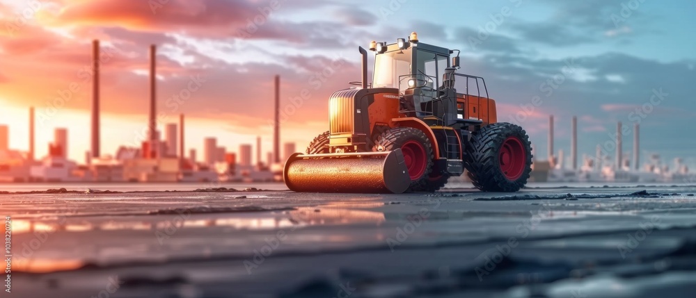 An image shows a large orange tractor on a cracked road facing right, with city buildings in the background and a sky transitioning from blue to darker tones, hinting at the blend of industry An image shows a large orange tractor on a cracked road facing right, with city buildings in the background and a sky transitioning from blue to darker tones, hinting at the blend of industry