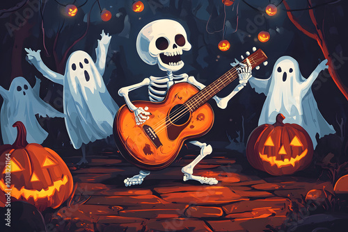 A spooky illustration of a skeleton playing the guitar at a Halloween party with ghosts dancing around