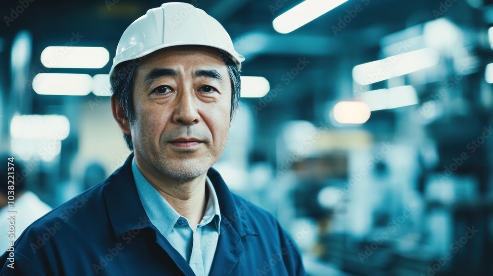 Japanese manager in factory, directing workers and using modern tools to oversee production lines. The manager plays a crucial role in maintaining high standards of productivity and quality