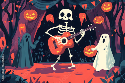 A spooky illustration of a skeleton playing the guitar at a Halloween party with ghosts dancing around