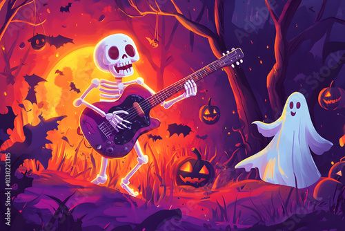 A spooky illustration of a skeleton playing the guitar at a Halloween party with ghosts dancing around
