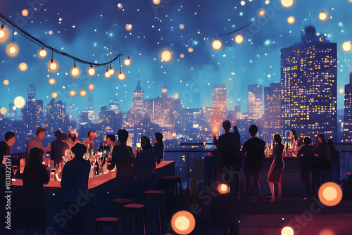 A scene of a rooftop party overlooking a city with people celebrating, surrounded by twinkling fairy lights