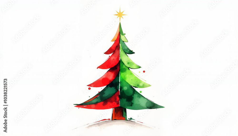 Stylized Christmas tree in red and green watercolors with a star on top Stylized Christmas tree in red and green watercolors with a star on top