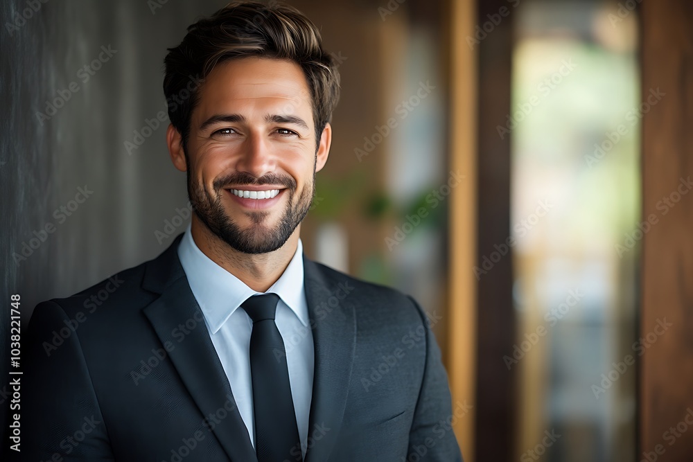 Confident Man in Suit with Friendly Smile and Blurred Background Confident Man in Suit with Friendly Smile and Blurred Background