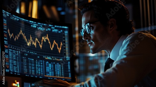 Market broker viewing graph trends on computer, analyzing the market performance through detailed visual data. The broker uses the graphs to predict price fluctuations and make timely trades