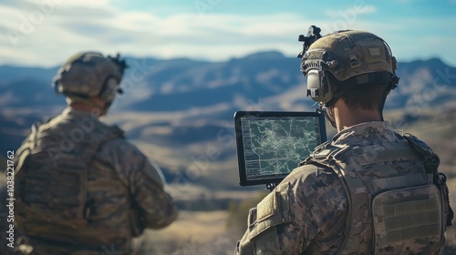 Military Territory Scanning with AR, using augmented reality to analyze and scan enemy-controlled regions. The technology helps pinpoint threats and gather intelligence for strategic planning photo