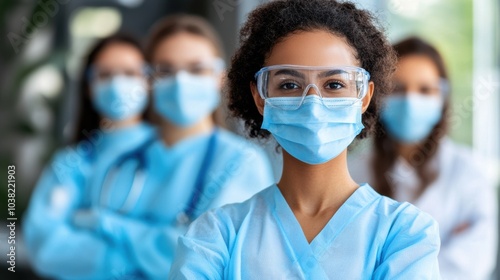 Group of healthcare professionals in blue scrubs, protective masks, and goggles standing confidently in a hospital setting. photo