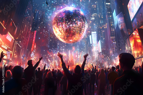 A realistic image of a glittering New Year’s Eve ball dropping in a busy city square, with people cheering below