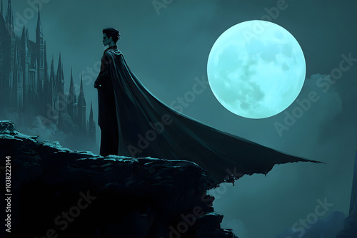 A realistic illustration of a vampire with a long cape, standing against a moonlit castle