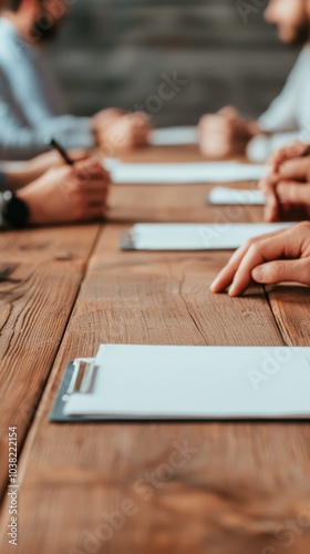 Collaborative Meeting Hands Engaged in Note-Taking and Discussion Over a Wooden Table