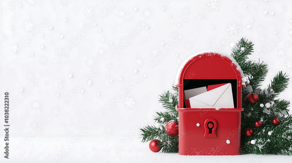 Festive Red Mailbox Surrounded by Snow and Evergreen Branches Creating a Magical Holiday Atmosphere for Sending Letters Festive Red Mailbox Surrounded by Snow and Evergreen Branches Creating a Magical Holiday Atmosphere for Sending Letters