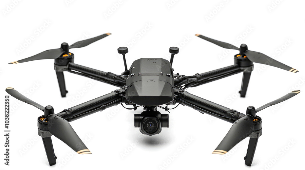 Black drone with four propellers and a camera on a white background.