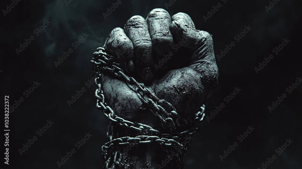 Clenched fist tightly bound in metal chains, symbolizing struggle and oppression with a powerful representation of strength and resilience amidst adversity. Clenched fist tightly bound in metal chains, symbolizing struggle and oppression with a powerful representation of strength and resilience amidst adversity.